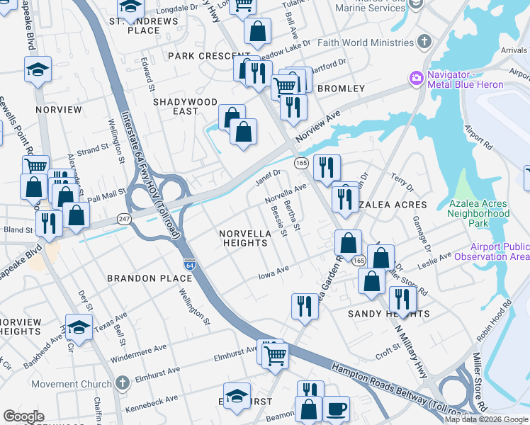 map of restaurants, bars, coffee shops, grocery stores, and more near 3521 Thurston Street in Norfolk