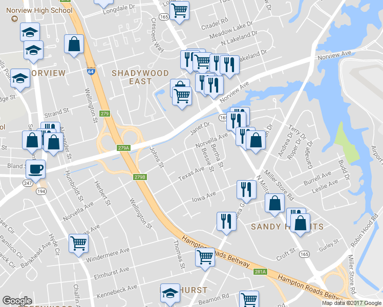 map of restaurants, bars, coffee shops, grocery stores, and more near 3521 Thurston Street in Norfolk