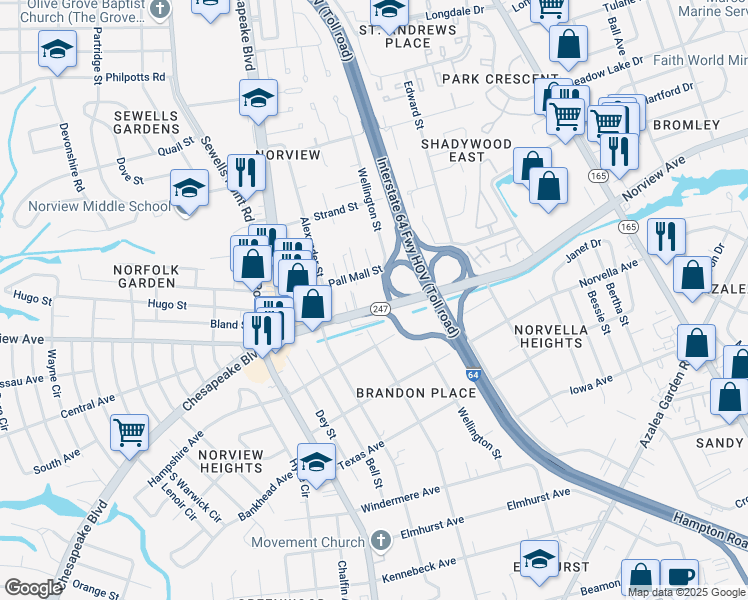 map of restaurants, bars, coffee shops, grocery stores, and more near 1260 Norview Avenue in Norfolk