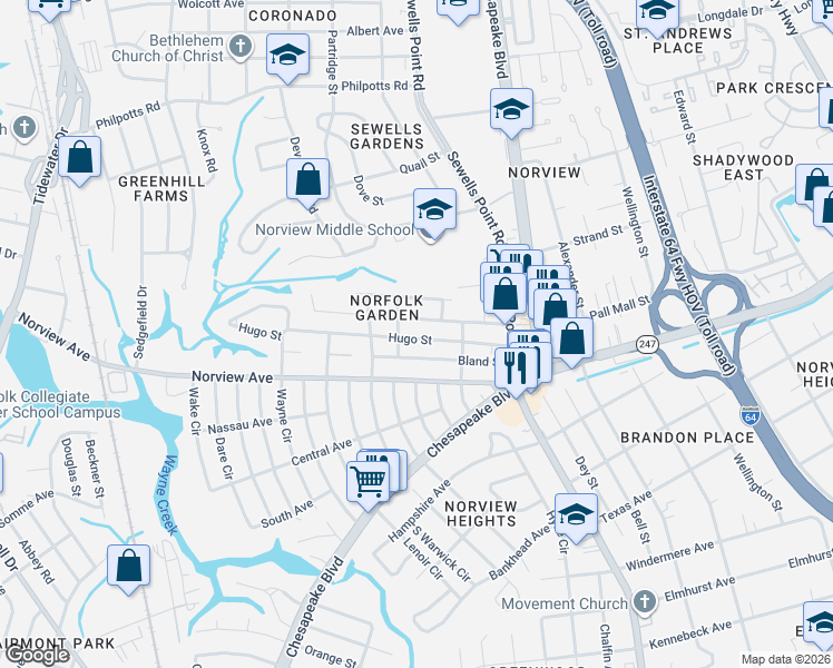 map of restaurants, bars, coffee shops, grocery stores, and more near 1071 Hugo Street in Norfolk