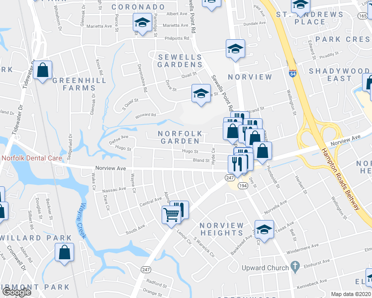 map of restaurants, bars, coffee shops, grocery stores, and more near 1045 Hugo Street in Norfolk