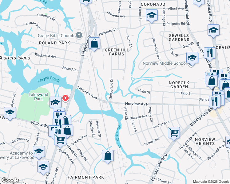 map of restaurants, bars, coffee shops, grocery stores, and more near 6108 Sedgefield Drive in Norfolk