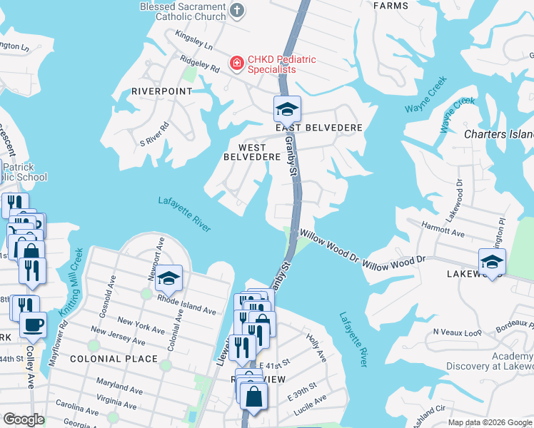 map of restaurants, bars, coffee shops, grocery stores, and more near 5501 Willow Grove Court in Norfolk