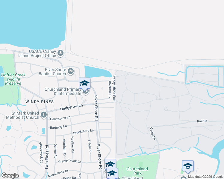 map of restaurants, bars, coffee shops, grocery stores, and more near 5678 Rivermill Circle in Portsmouth