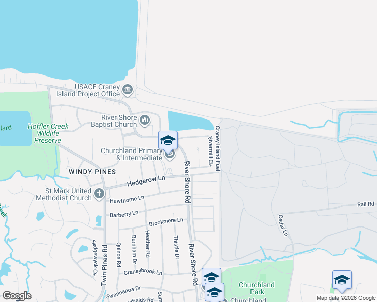map of restaurants, bars, coffee shops, grocery stores, and more near 4413 River Shore Road in Portsmouth
