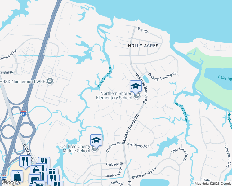map of restaurants, bars, coffee shops, grocery stores, and more near 6231 Burbage Acres Drive in Suffolk