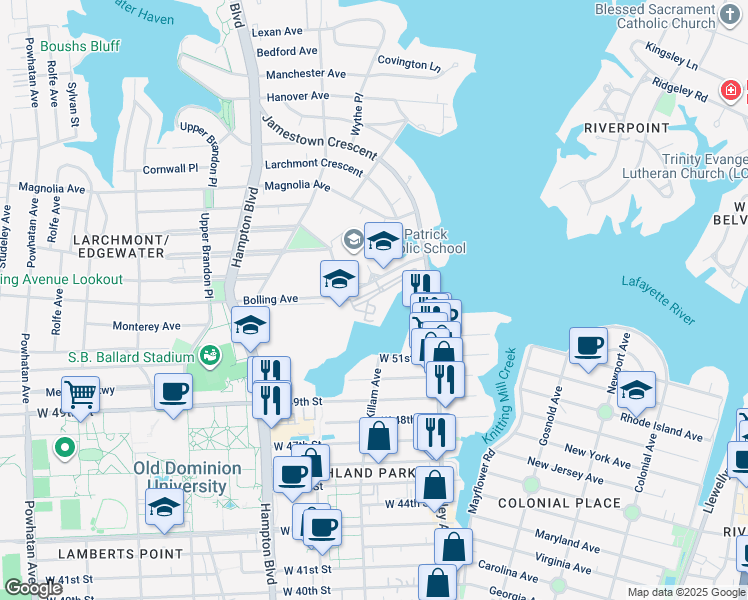 map of restaurants, bars, coffee shops, grocery stores, and more near 809 Rockbridge Avenue in Norfolk