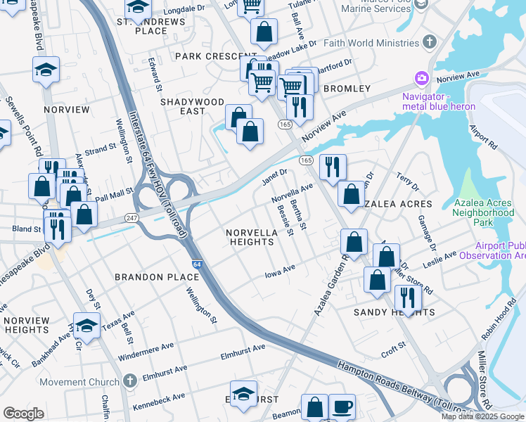 map of restaurants, bars, coffee shops, grocery stores, and more near 3525 Thurston Street in Norfolk