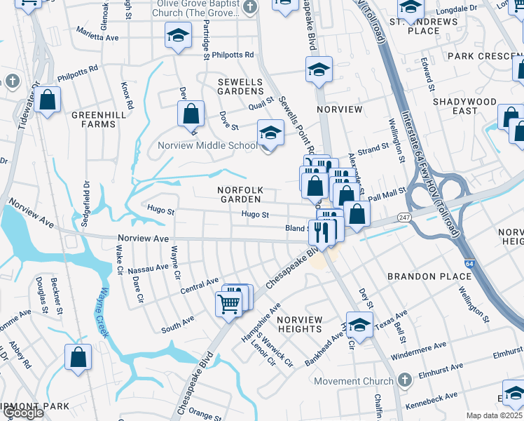map of restaurants, bars, coffee shops, grocery stores, and more near 1066 Hugo Street in Norfolk