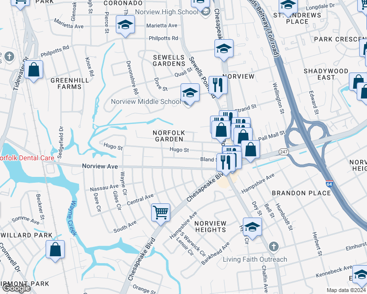 map of restaurants, bars, coffee shops, grocery stores, and more near 1066 Hugo Street in Norfolk