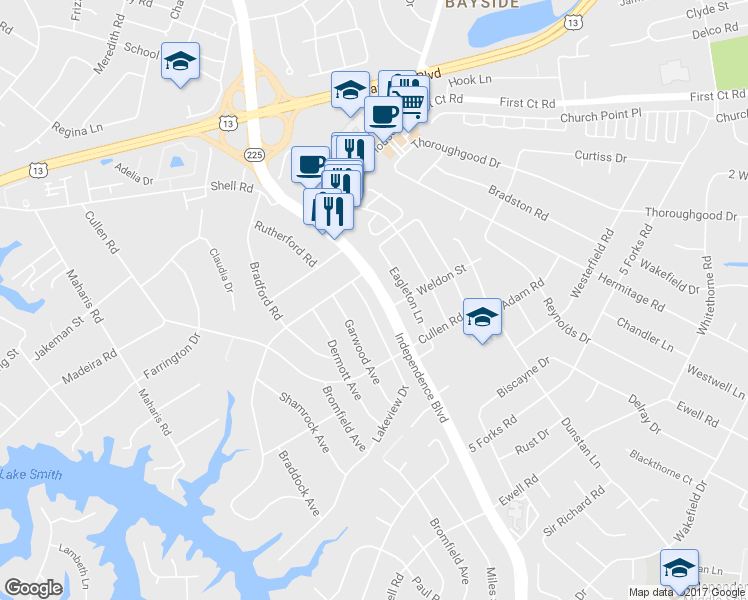 map of restaurants, bars, coffee shops, grocery stores, and more near 1532 Lakeview Drive in Virginia Beach
