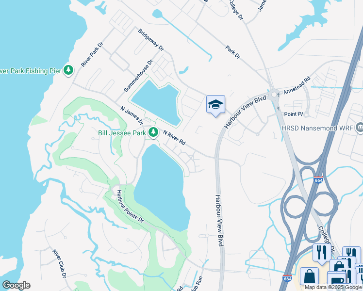map of restaurants, bars, coffee shops, grocery stores, and more near 1004 Lakeside Court in Suffolk