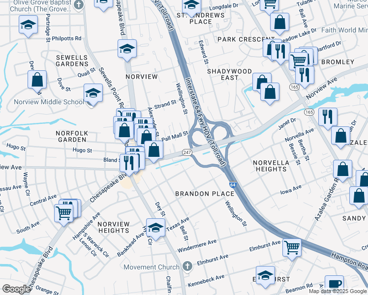 map of restaurants, bars, coffee shops, grocery stores, and more near 1260 Norview Avenue in Norfolk