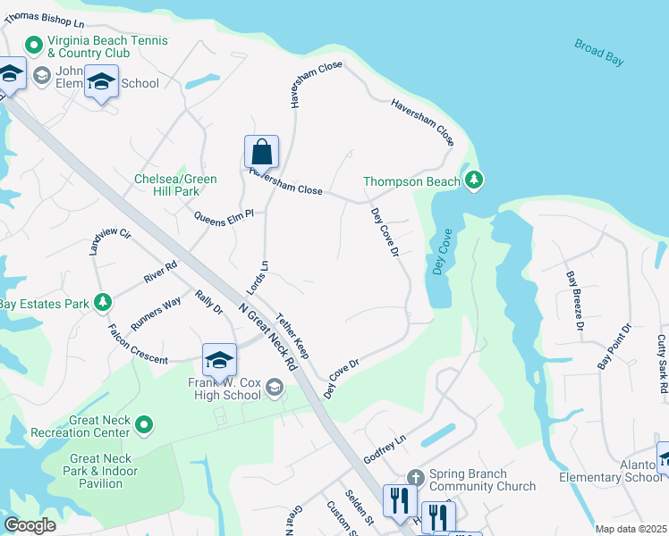 map of restaurants, bars, coffee shops, grocery stores, and more near 1700 Middlemost Key in Virginia Beach