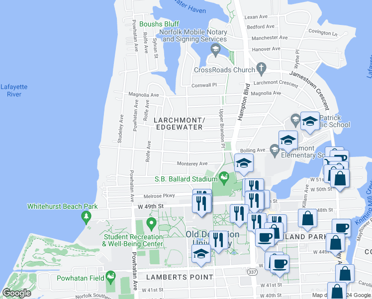 map of restaurants, bars, coffee shops, grocery stores, and more near 1402 Bolling Avenue in Norfolk