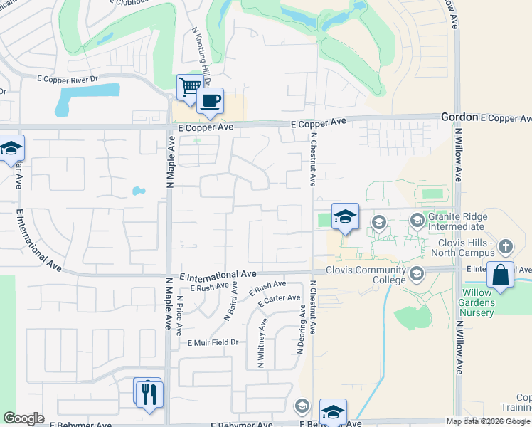 map of restaurants, bars, coffee shops, grocery stores, and more near 10678 North Whitney Avenue in Fresno