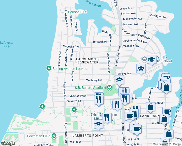map of restaurants, bars, coffee shops, grocery stores, and more near 1402 Bolling Avenue in Norfolk