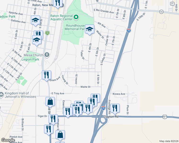 map of restaurants, bars, coffee shops, grocery stores, and more near 299 Grant Ave in Raton