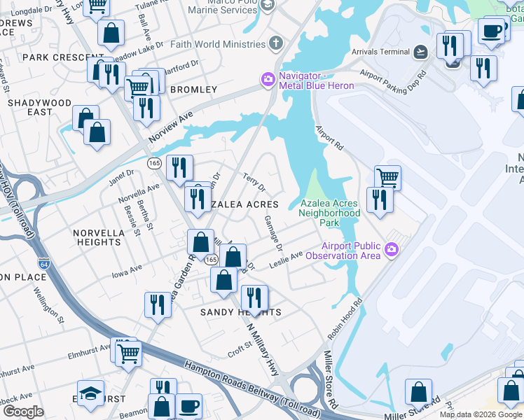 map of restaurants, bars, coffee shops, grocery stores, and more near 3460 Fletcher Drive in Norfolk