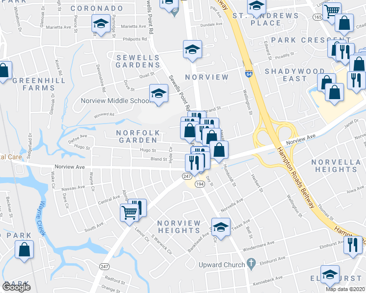 map of restaurants, bars, coffee shops, grocery stores, and more near in Norfolk