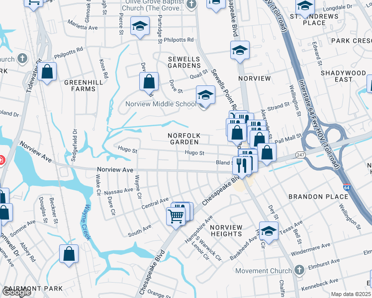 map of restaurants, bars, coffee shops, grocery stores, and more near 1045 Hugo Street in Norfolk