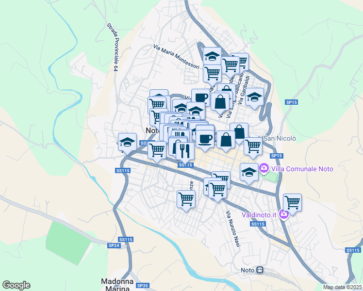 map of restaurants, bars, coffee shops, grocery stores, and more near 6 Vico Salonia in Noto
