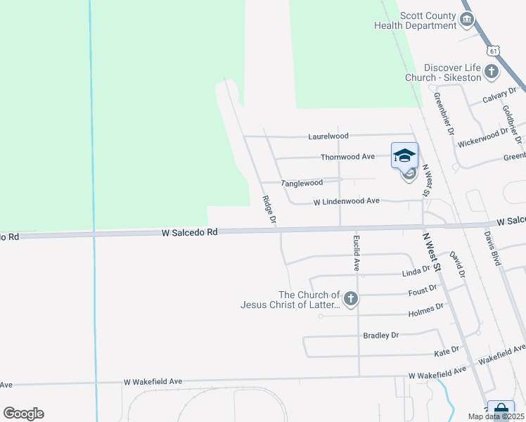 map of restaurants, bars, coffee shops, grocery stores, and more near 103 Ridge Drive in Sikeston