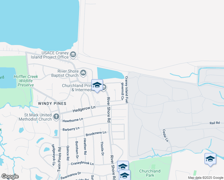 map of restaurants, bars, coffee shops, grocery stores, and more near 4413 River Shore Road in Portsmouth