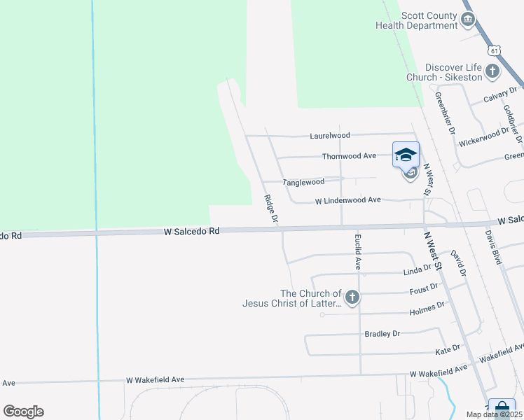 map of restaurants, bars, coffee shops, grocery stores, and more near 103 Ridge Drive in Sikeston