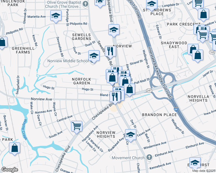 map of restaurants, bars, coffee shops, grocery stores, and more near 1123 Green Street in Norfolk