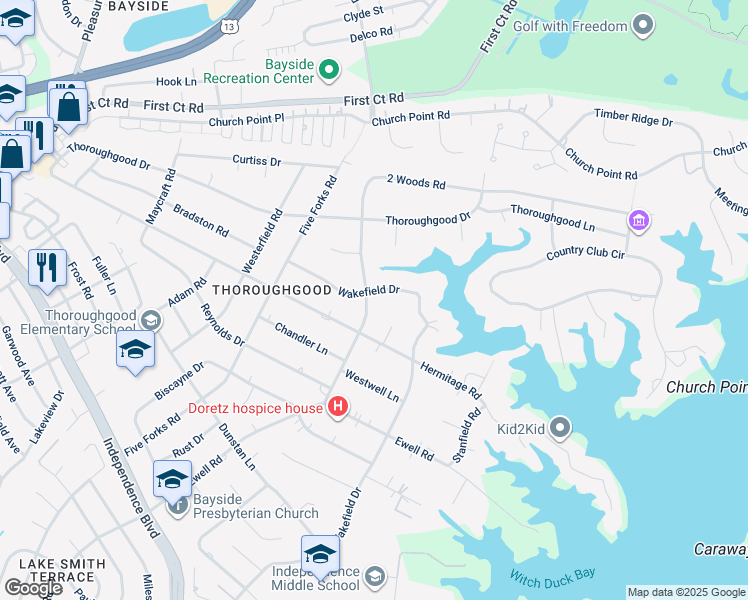 map of restaurants, bars, coffee shops, grocery stores, and more near 1612 Whitethorne Road in Virginia Beach