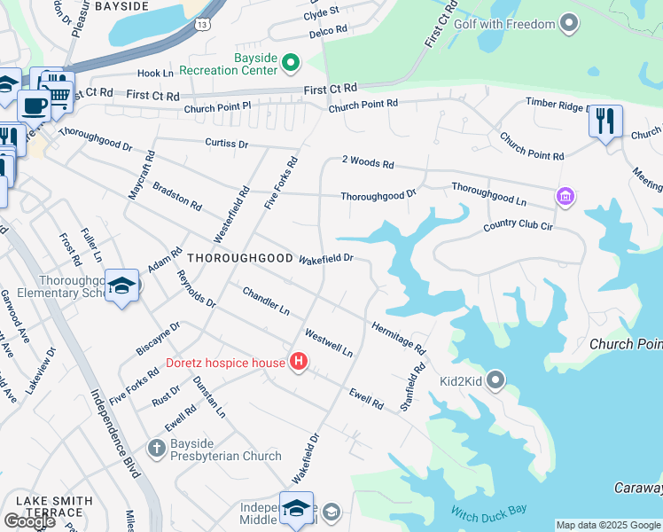 map of restaurants, bars, coffee shops, grocery stores, and more near 1612 Whitethorne Road in Virginia Beach