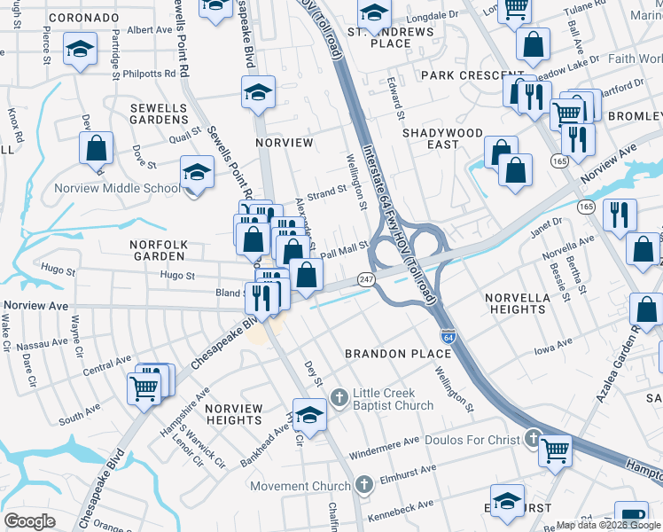 map of restaurants, bars, coffee shops, grocery stores, and more near 1260 Norview Avenue in Norfolk