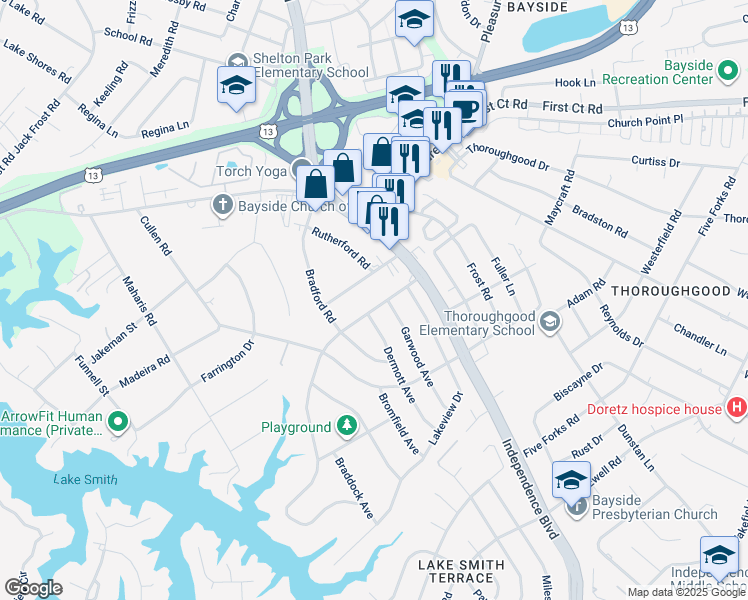 map of restaurants, bars, coffee shops, grocery stores, and more near 1441 Lakeside Road in Virginia Beach