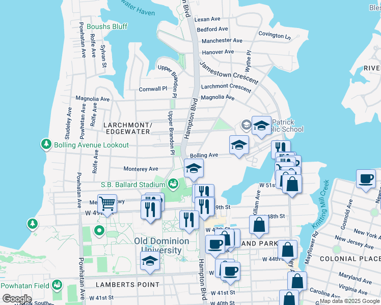 map of restaurants, bars, coffee shops, grocery stores, and more near 1160 Bolling Avenue in Norfolk