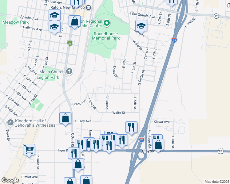 map of restaurants, bars, coffee shops, grocery stores, and more near 201-299 Grant Ave in Raton