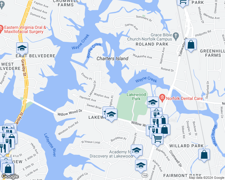 map of restaurants, bars, coffee shops, grocery stores, and more near 5601 Huntington Place in Norfolk