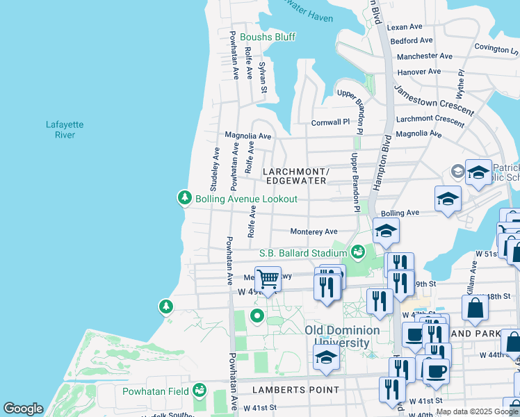 map of restaurants, bars, coffee shops, grocery stores, and more near 1514 Bolling Avenue in Norfolk