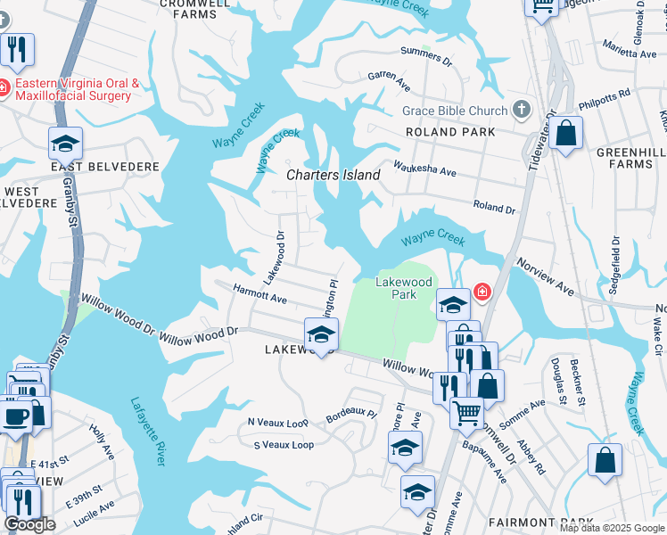map of restaurants, bars, coffee shops, grocery stores, and more near 5601 Huntington Place in Norfolk