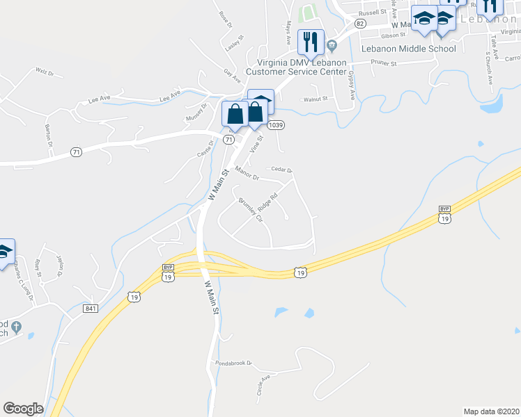 map of restaurants, bars, coffee shops, grocery stores, and more near Ridge Road in Lebanon