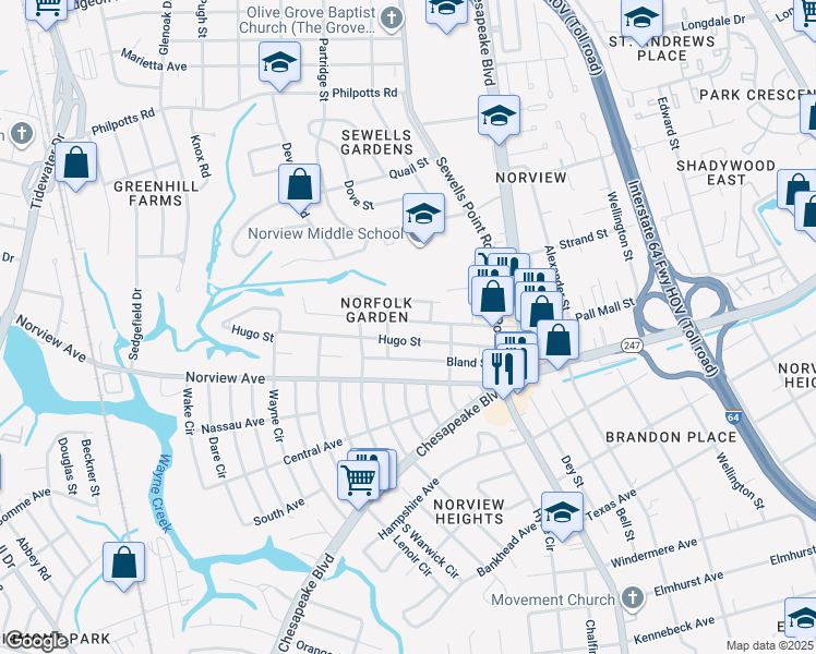 map of restaurants, bars, coffee shops, grocery stores, and more near 1065 Green Street in Norfolk