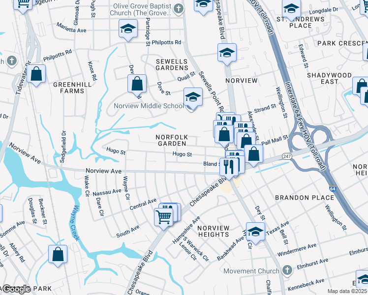 map of restaurants, bars, coffee shops, grocery stores, and more near 1063 Green Street in Norfolk