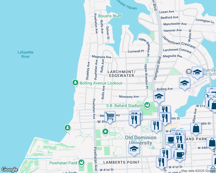 map of restaurants, bars, coffee shops, grocery stores, and more near 1510 Bolling Avenue in Norfolk
