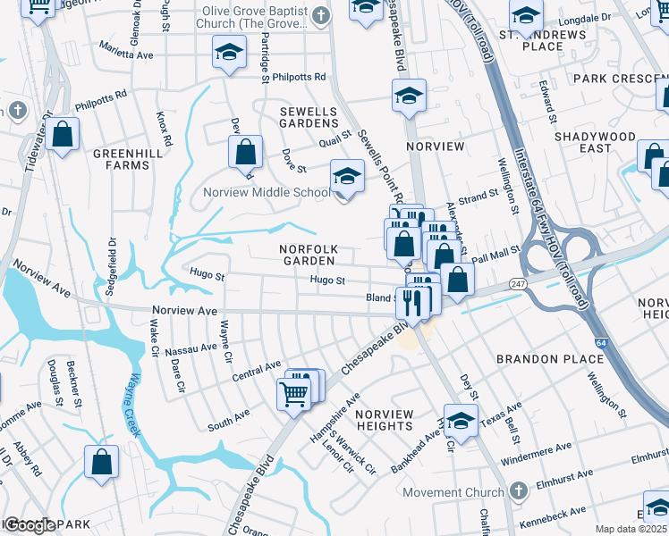 map of restaurants, bars, coffee shops, grocery stores, and more near 1065 Green Street in Norfolk