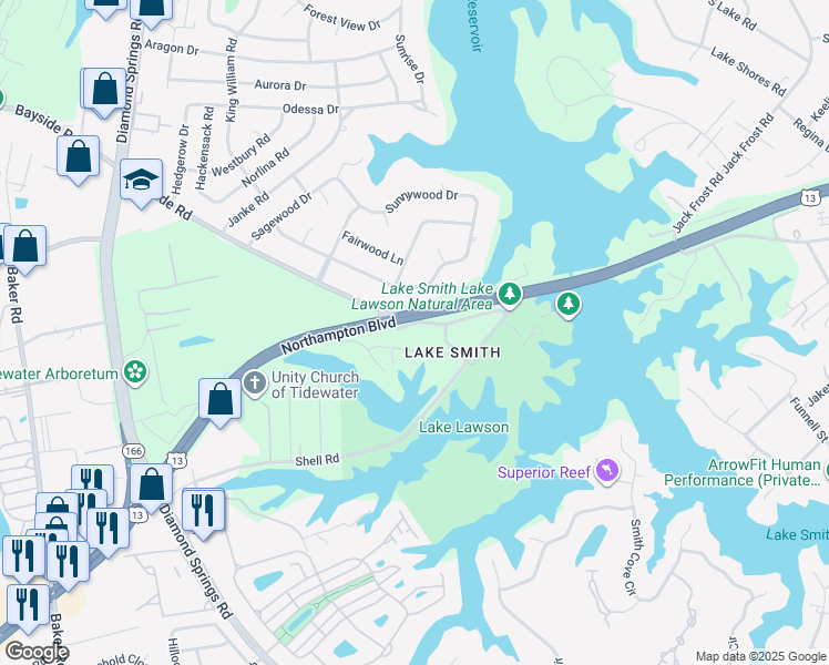 map of restaurants, bars, coffee shops, grocery stores, and more near 5312 Pandoria Avenue in Virginia Beach