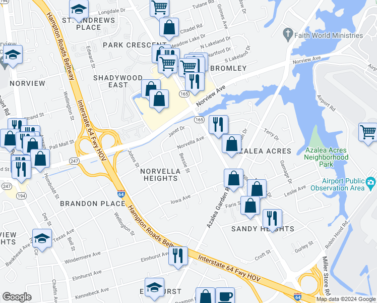 map of restaurants, bars, coffee shops, grocery stores, and more near 3519 Bertha Street in Norfolk