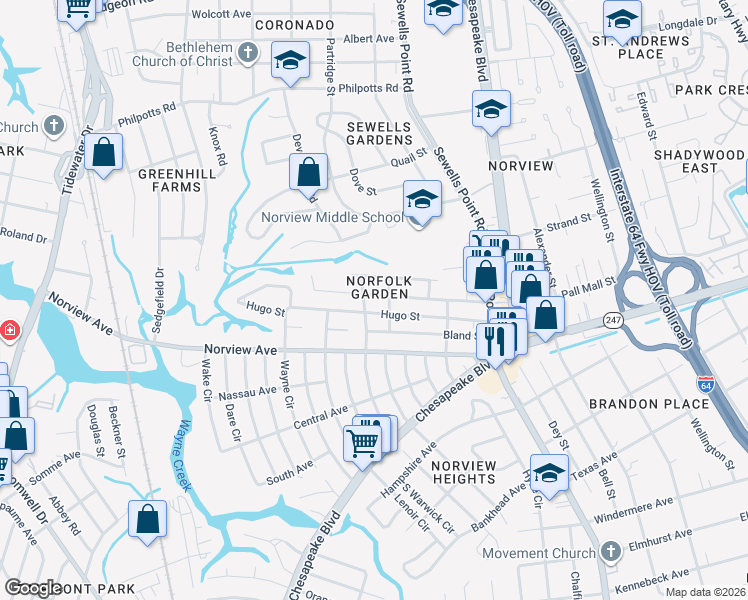 map of restaurants, bars, coffee shops, grocery stores, and more near 1045 Hugo Street in Norfolk
