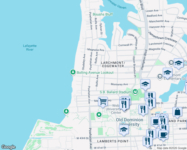 map of restaurants, bars, coffee shops, grocery stores, and more near 1545 Bolling Avenue in Norfolk