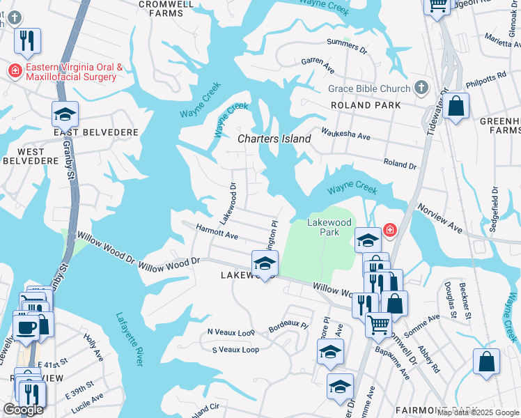 map of restaurants, bars, coffee shops, grocery stores, and more near 1440 Hadlock Avenue in Norfolk