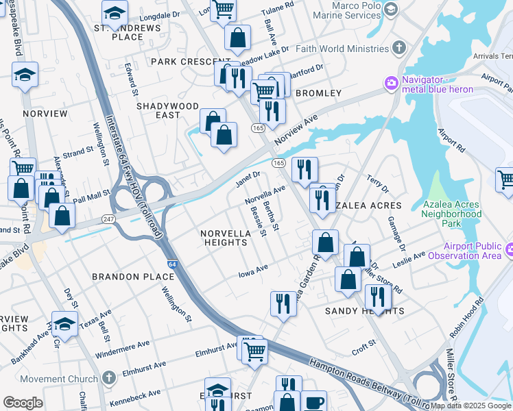 map of restaurants, bars, coffee shops, grocery stores, and more near 3524 Bessie Street in Norfolk